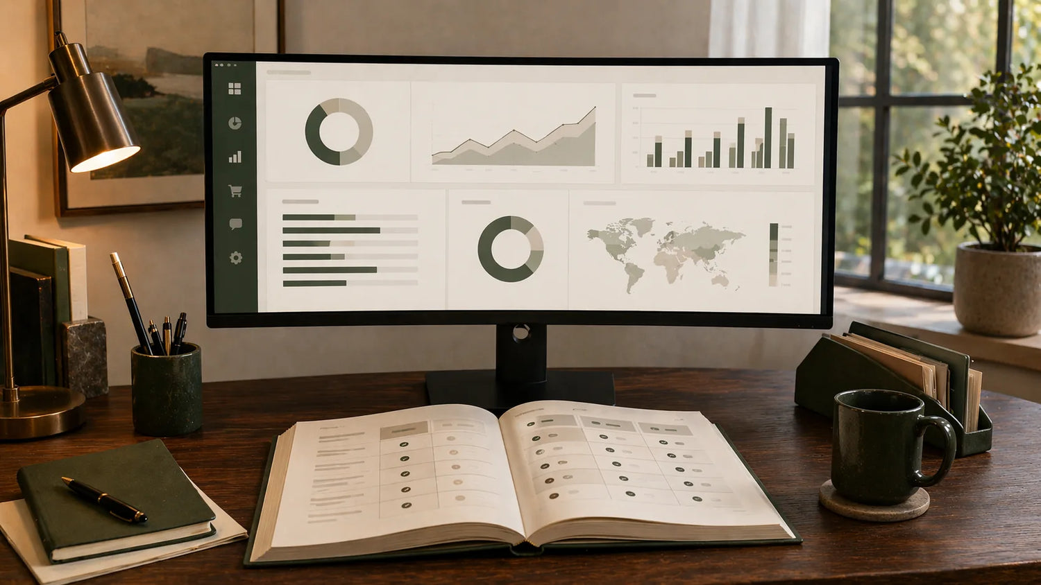 Marketplace analytics dashboard on ultrawide monitor with consulting report and workspace