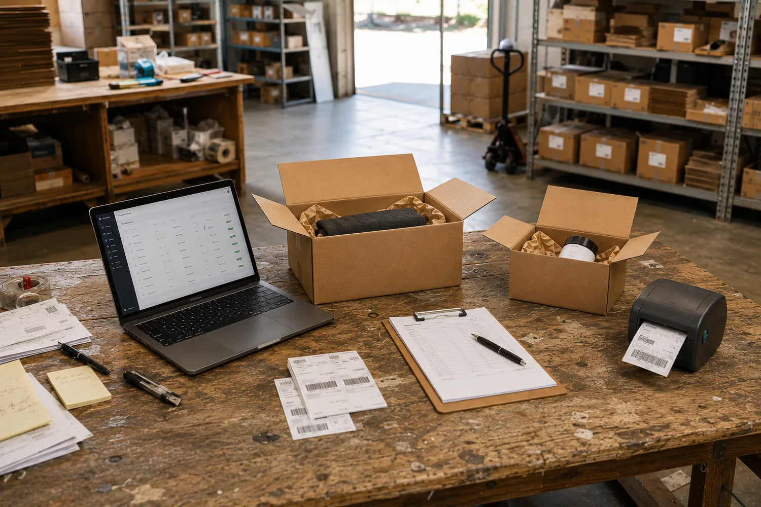 Workstation with laptop, boxes, and office supplies in a ecommerce warehouse setting