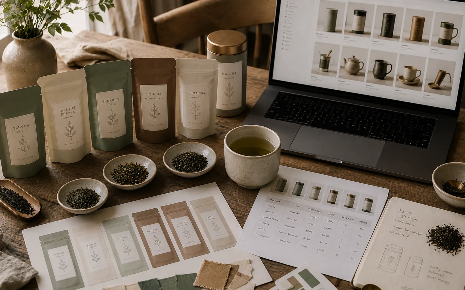 Tea packaging and brewing setup on a wooden table with a laptop displaying tea images.