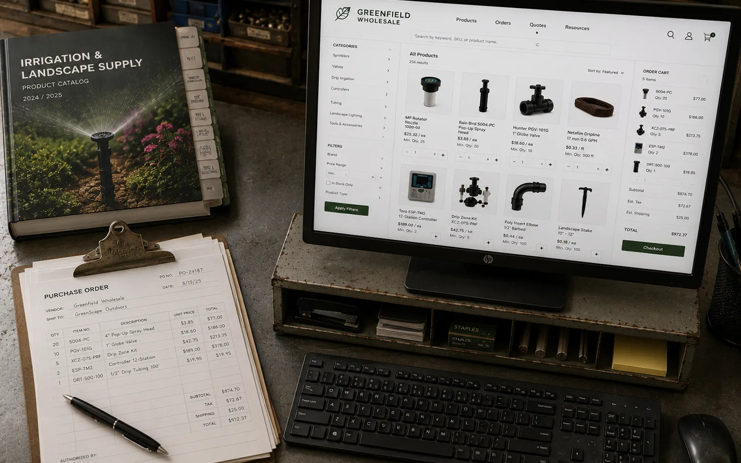 Computer monitor displaying a b2b irrigation product catalog on a desk with a notebook and pen.
