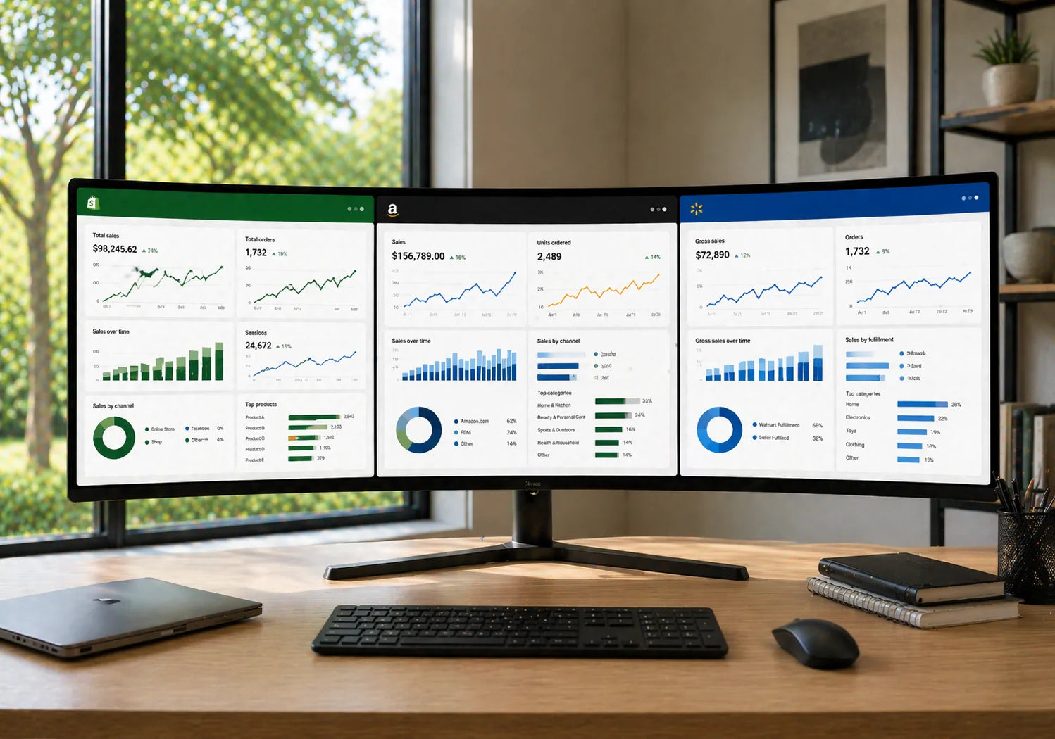 Triple-monitor desk setup displaying ecommerce analytics dashboards with bar charts, line graphs, and performance metrics in Rooted Growth brand colors