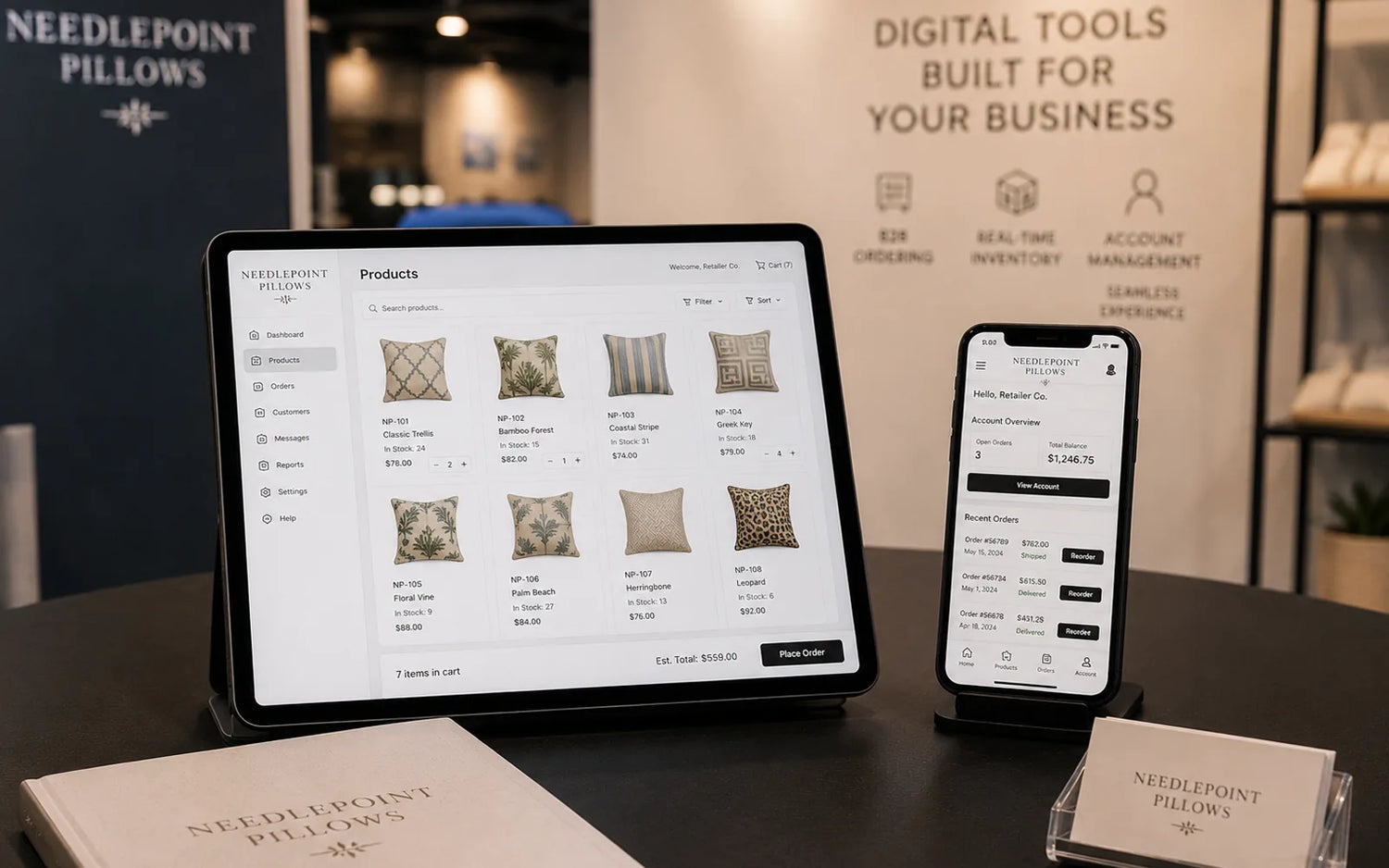 Tablet and smartphone displaying omnichannel ecommerce with needlepoint pillows.