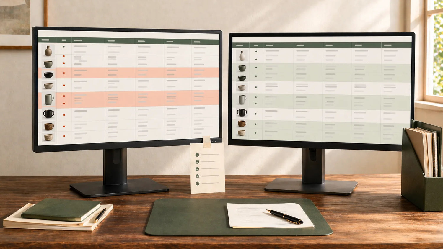Dual monitor setup showing ecommerce product catalog data with flagged errors and corrected entries