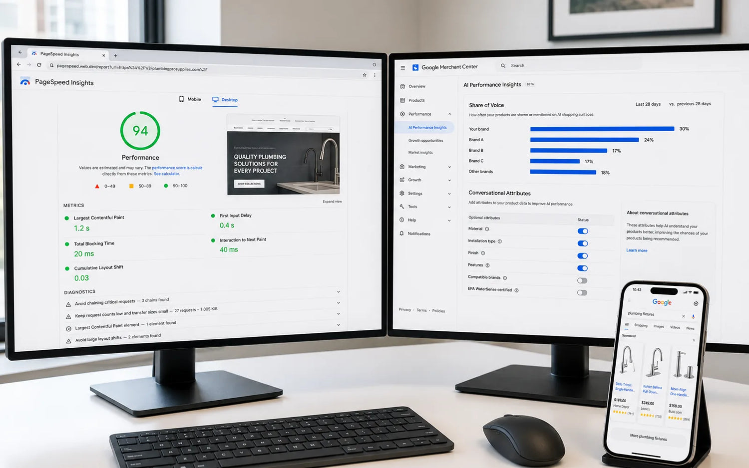 Shopify Pagespeed Audit Dual Monitors and Cellphone Comparing Plumbing Site