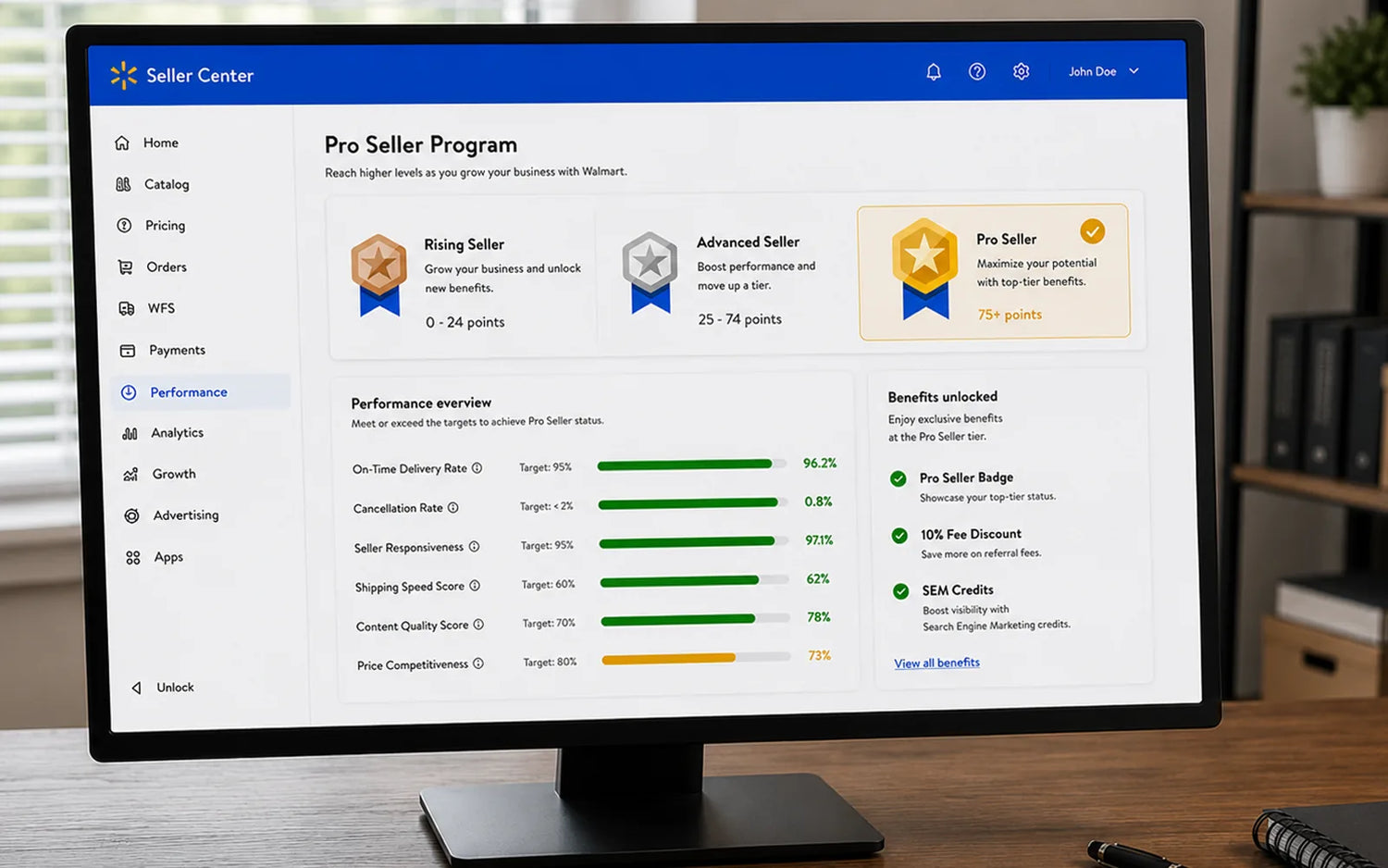 omputer monitor displaying the Walmart Pro Seller Program on a desk with a blurred background