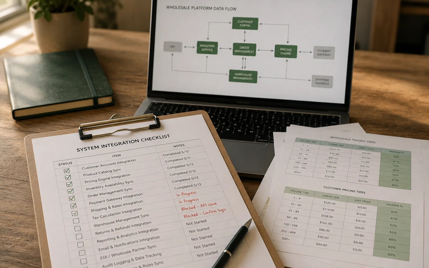 Laptop displaying Wholesale platform data flows with system integrations checklists