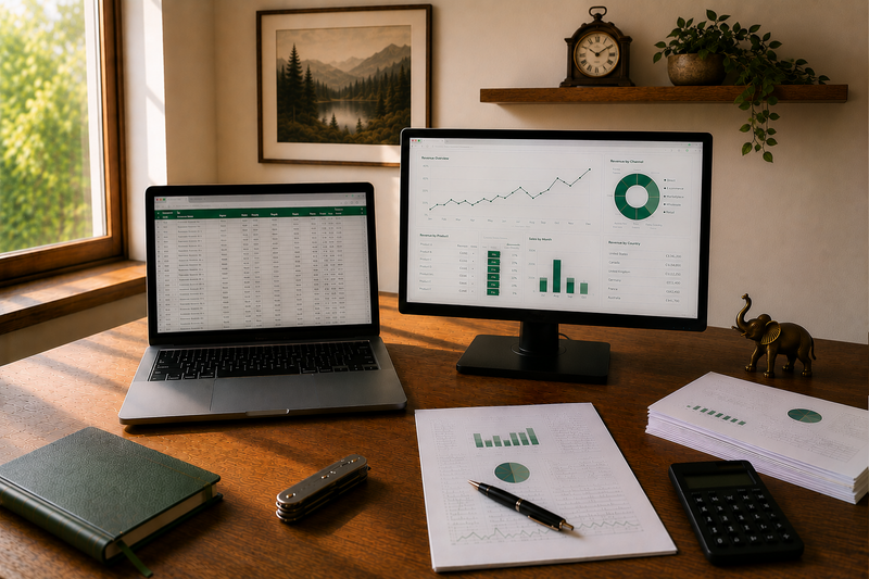 Ecommerce operator's desk with a product spreadsheet, sales dashboard, annotated report, and calculator